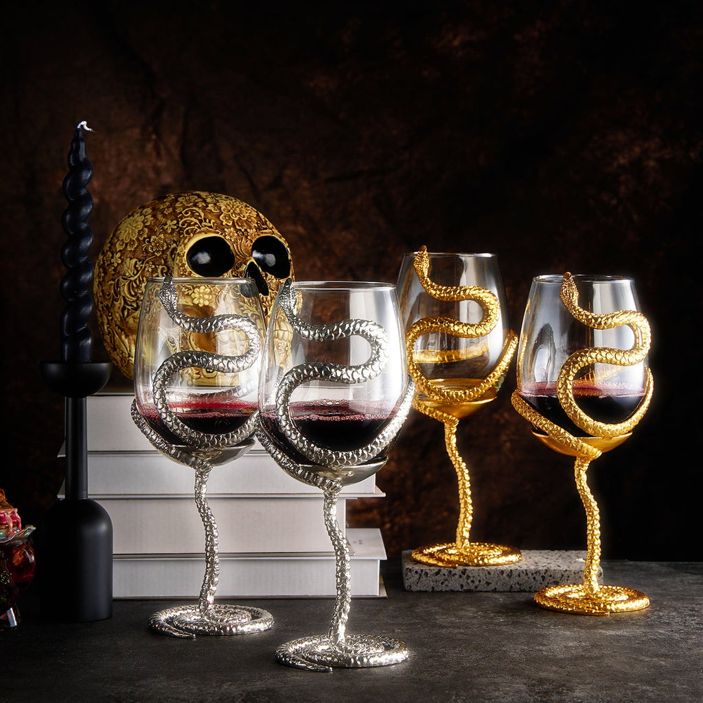 Stemmed Snake Wine Glass | Set of 2 | 19oz Spooky Reptile Glasses 10" H (Gold)