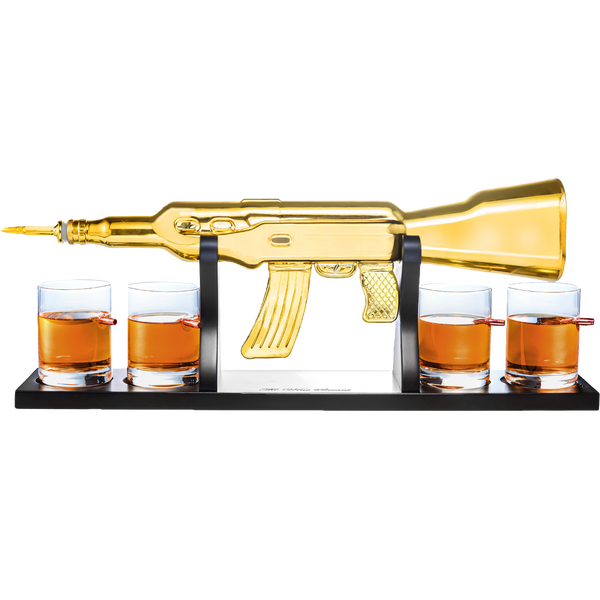 AK Gold Whiskey Decanter Set With 4 Bullet Whiskey Glasses