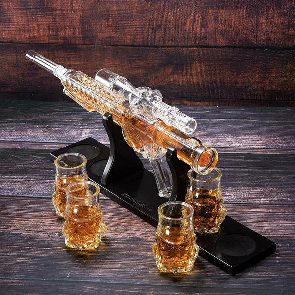 Blaster Force Gun Whiskey & Wine Decanter Set Glasses