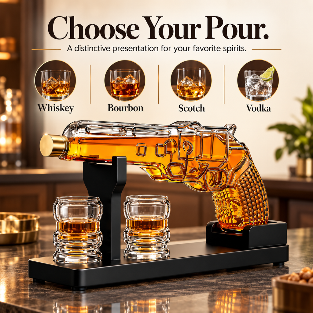 Whiskey Decanter Set 7 7 Oz With Two 1 6 Oz Shot Glasses Pistol Gun Unique Birthday Gift Ideas For S