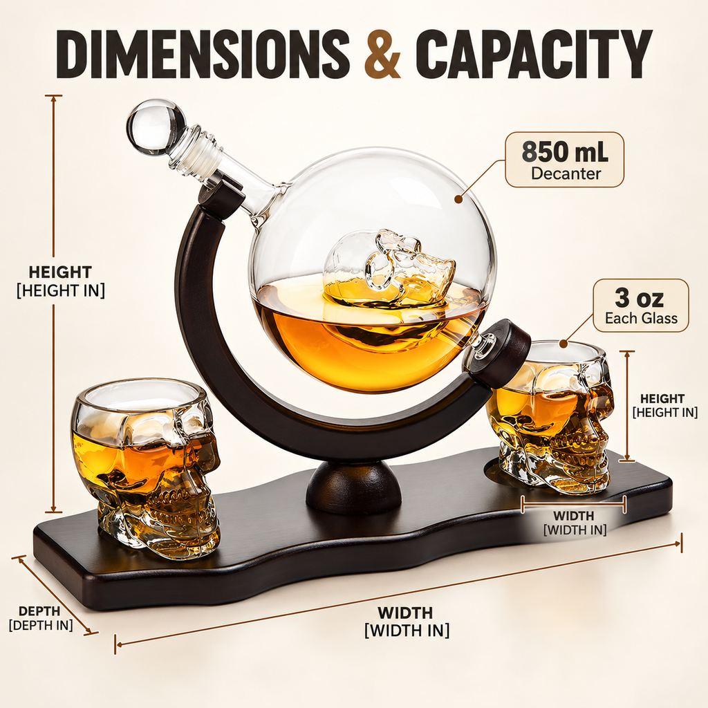 Skull Skeleton Wine Whiskey Globe Decanter Set 850 Ml With 2 Skull Head 3OZ Skeletons Shot Glasses M