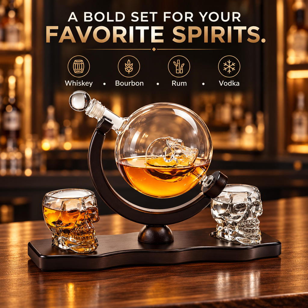 Skull Skeleton Wine Whiskey Globe Decanter Set 850 Ml With 2 Skull Head 3OZ Skeletons Shot Glasses M