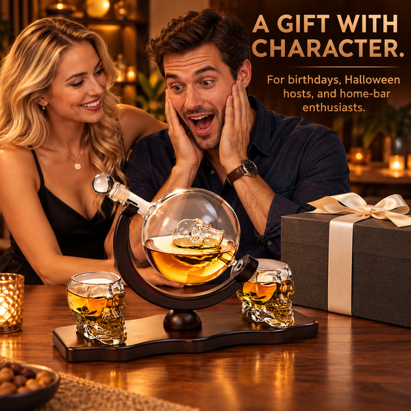 Skull Skeleton Wine Whiskey Globe Decanter Set 850 Ml With 2 Skull Head 3OZ Skeletons Shot Glasses M