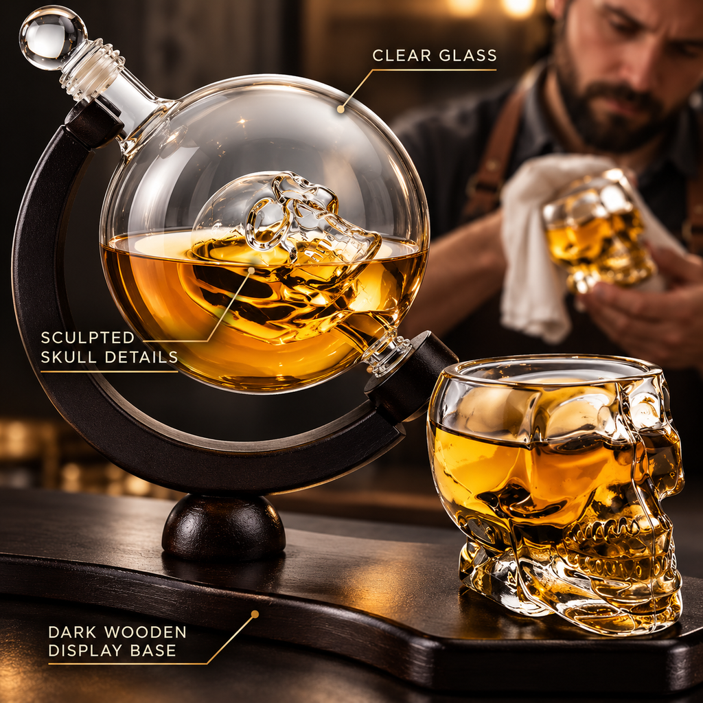 Skull Skeleton Wine Whiskey Globe Decanter Set 850 Ml With 2 Skull Head 3OZ Skeletons Shot Glasses M