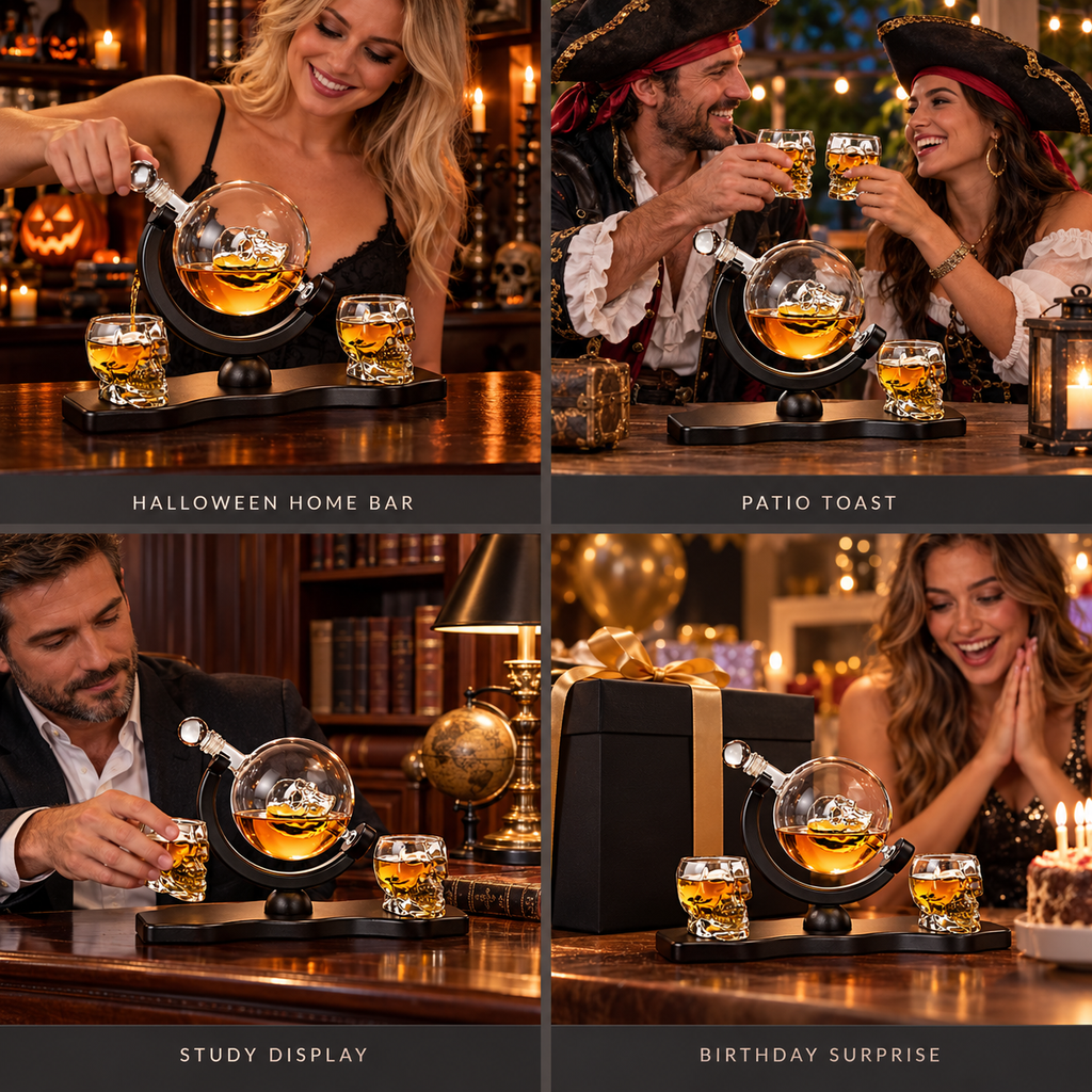 Skull Skeleton Wine Whiskey Globe Decanter Set 850 Ml With 2 Skull Head 3OZ Skeletons Shot Glasses M