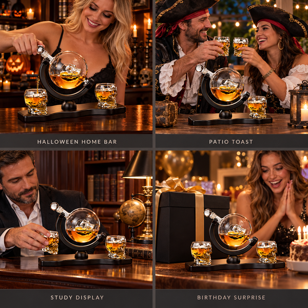 Skull Skeleton Wine Whiskey Globe Decanter Set 850 Ml With 2 Skull Head 3OZ Skeletons Shot Glasses M