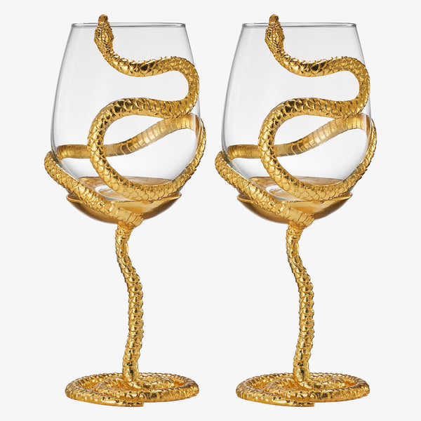 Stemmed Snake Wine Glass | Set of 2 | 19oz Spooky Reptile Glasses 10" H (Gold)