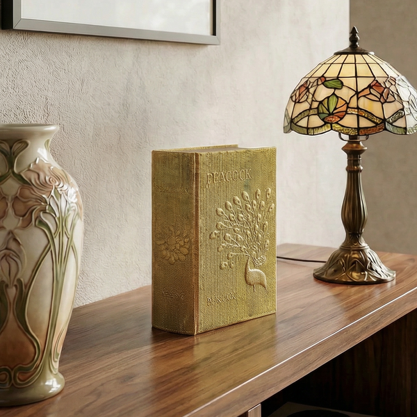 Peacock Metallic Gold Vintage Book Box | Faux Leather Wrap Book Shaped Storage Stash Trinket Box